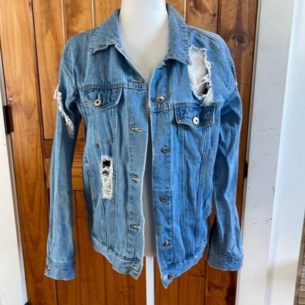 Love Tree Blue Denim Ripped distressed Jacket Medium